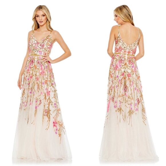 Mac Duggal 5671 Size 16 V-Neck Oyster Floral Embellished Spaghetti Strap Gown - Picture 1 of 12